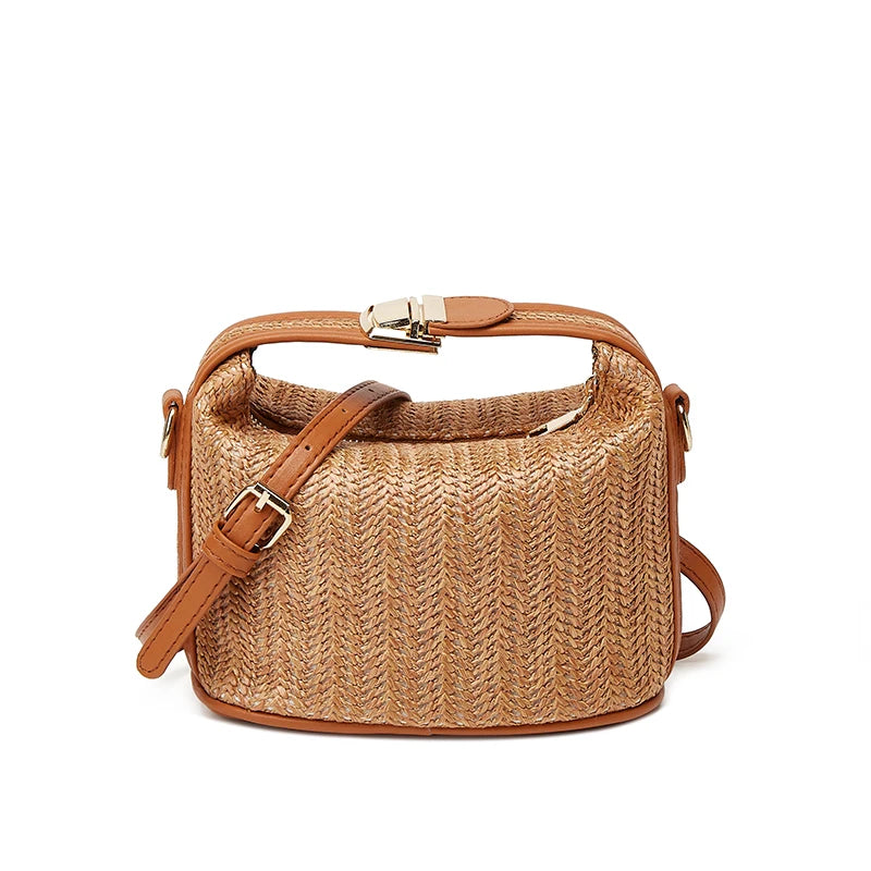 Trendy Summer Small Straw Handbag | Woven Bucket Crossbody Bag | HARD Casual Seaside Beach Handle Tote (Women/Girls) Luxegan