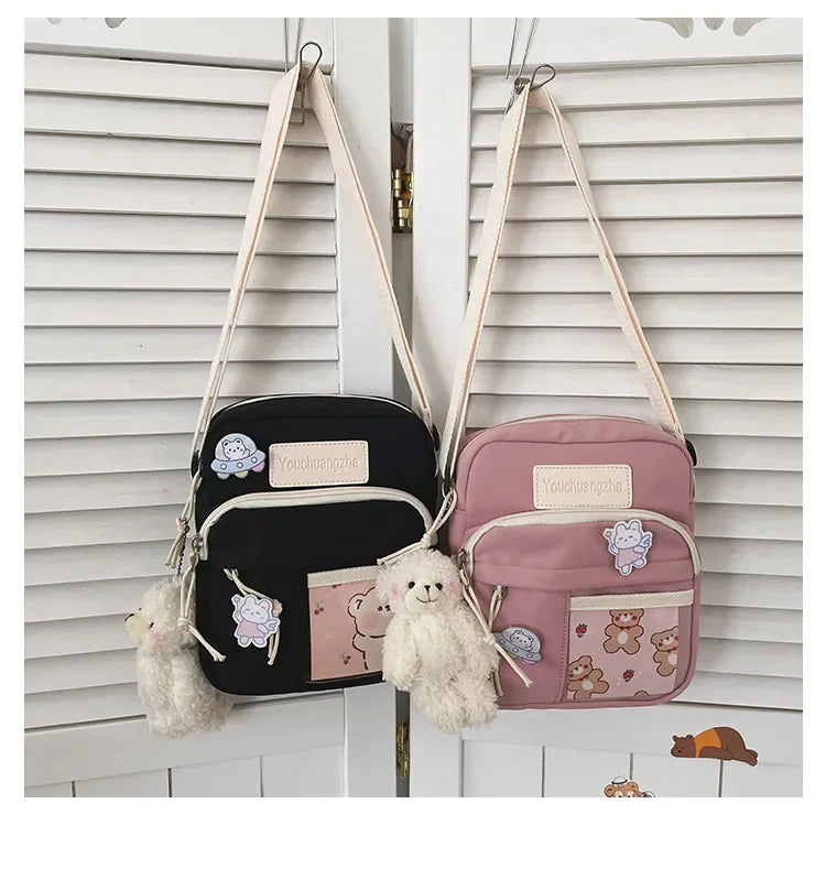 Cute Clear Kawaii Canvas Bag | Harajuku Cartoon Messenger Bag for Girls | Sophisticated Small Patchwork Shoulder Pouch | Fashion-Forward Nylon Cellphone Purse with Silt Pocket Luxegan