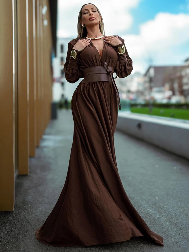 Solid V-Neck Full-Length Sleeve Sash Belt Slim Fit A-Line Ankle-Length Dress – Knitted Cotton-Polyester, Empire Waist, Summer Luxegan