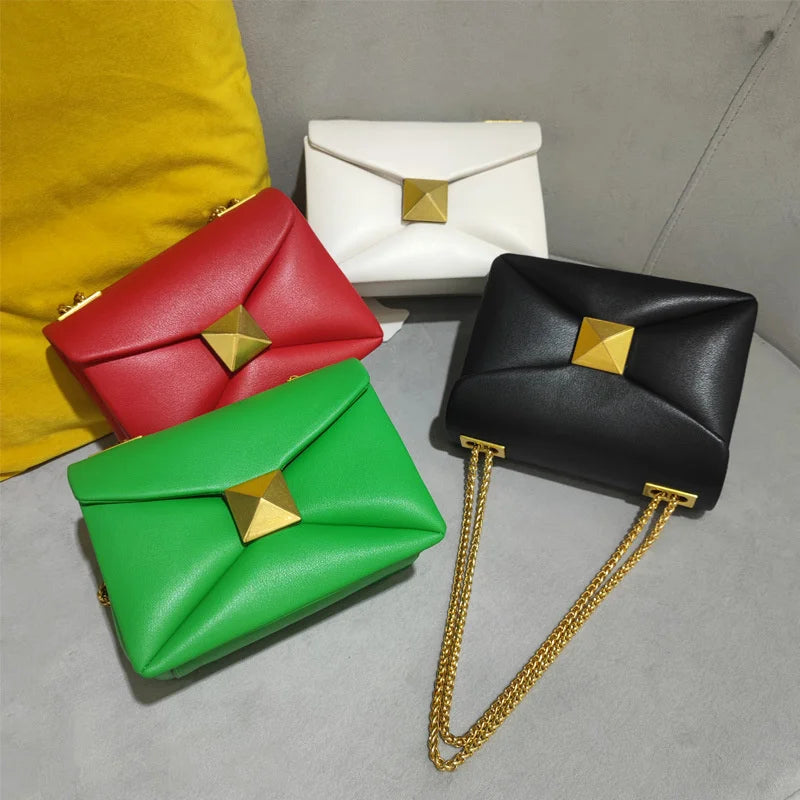 Cowhide Leather Crossbody | Luxury Chain & Rivet Satchel Luxegan