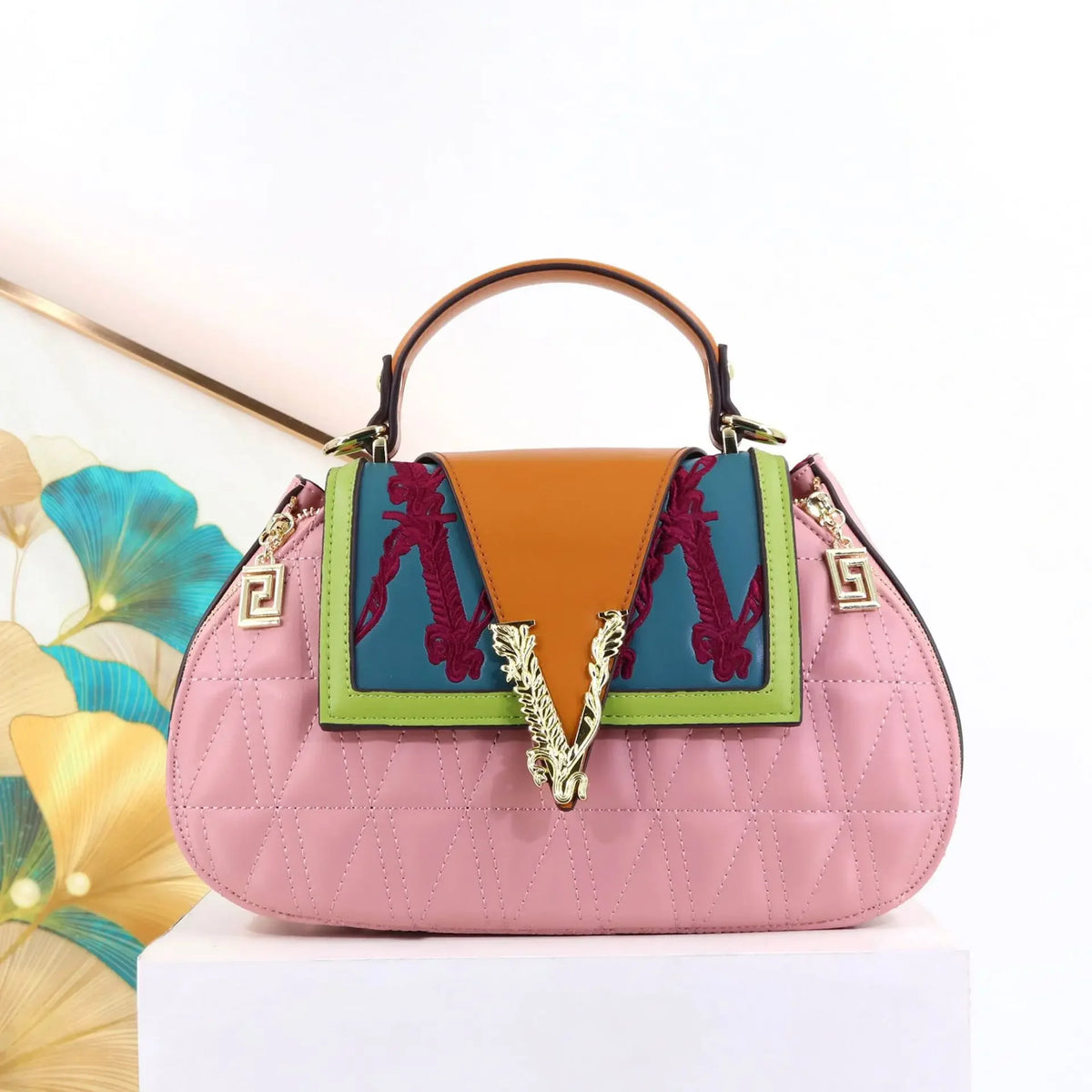 Luxury V-Signature Shell Handbag | Elegant Embroidery & Diamond Encrusted Crossbody | Premium PU Leather Ladies Shoulder Bag with Contrasting Thread Detail (Model 3454645645) Luxegan