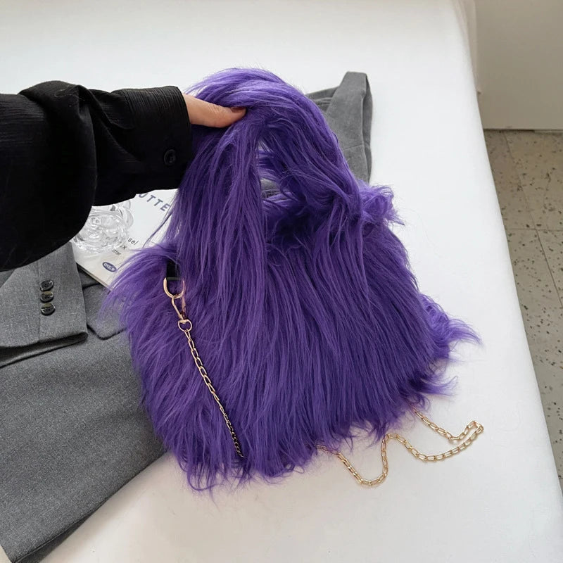 Soft Plush Faux Fur Handbag | Winter Chain Crossbody & Clutch Luxegan