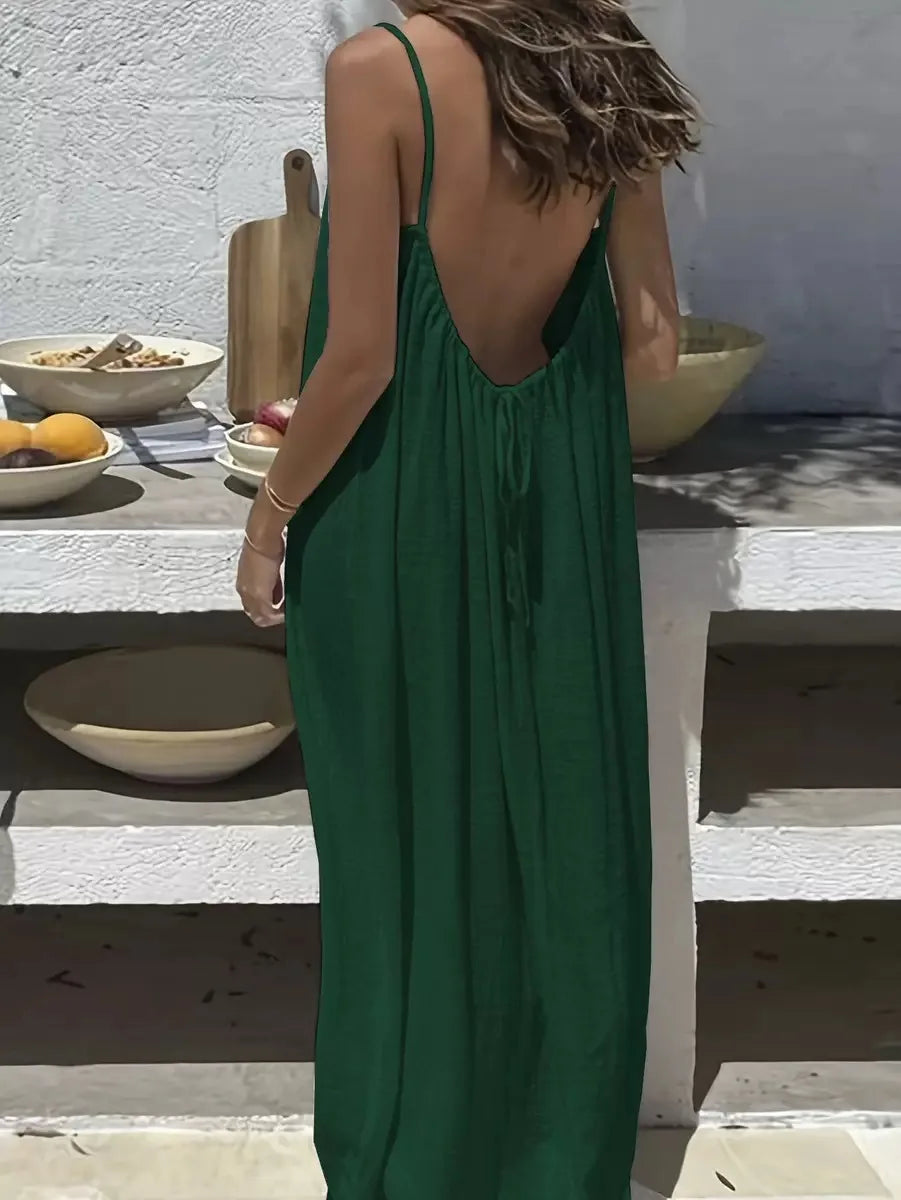 Ladies Loose H-Line Long Gown Nightwear | Comfortable Polyester Sleeveless Strap Home Clothing | Casual V-Neck Solid Color Lounge Dress | Elegant Ankle-Length Summer Beach Style Sleepwear Luxegan