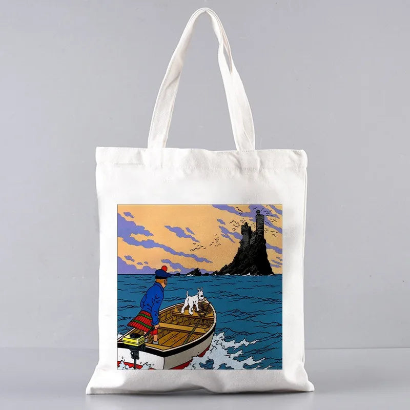 Soft Tintin Cartoon Canvas Large Capacity Tote | Open-Top Shopping Bag Luxegan