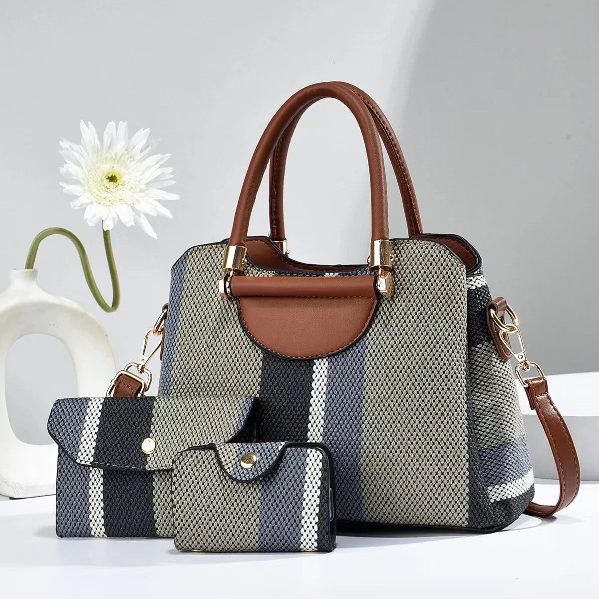 3-Piece Set Fashion Women's Handbags | Striped Leather Totes & Top-Handle Bag Luxegan