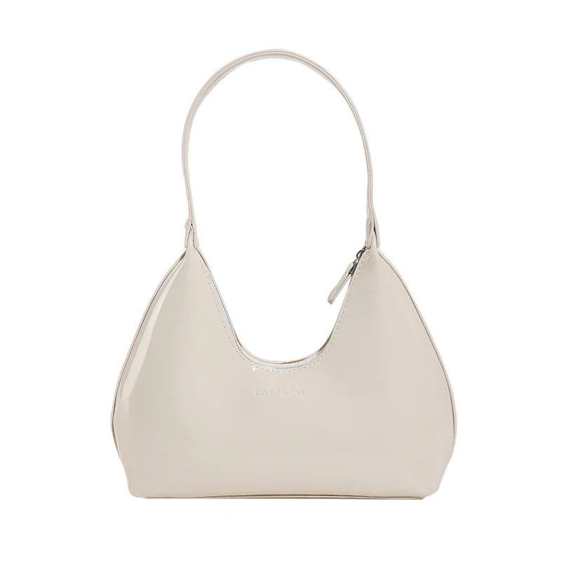 Designer Patent Leather Crescent Bag | Soft Solid Color Shoulder Tote Luxegan
