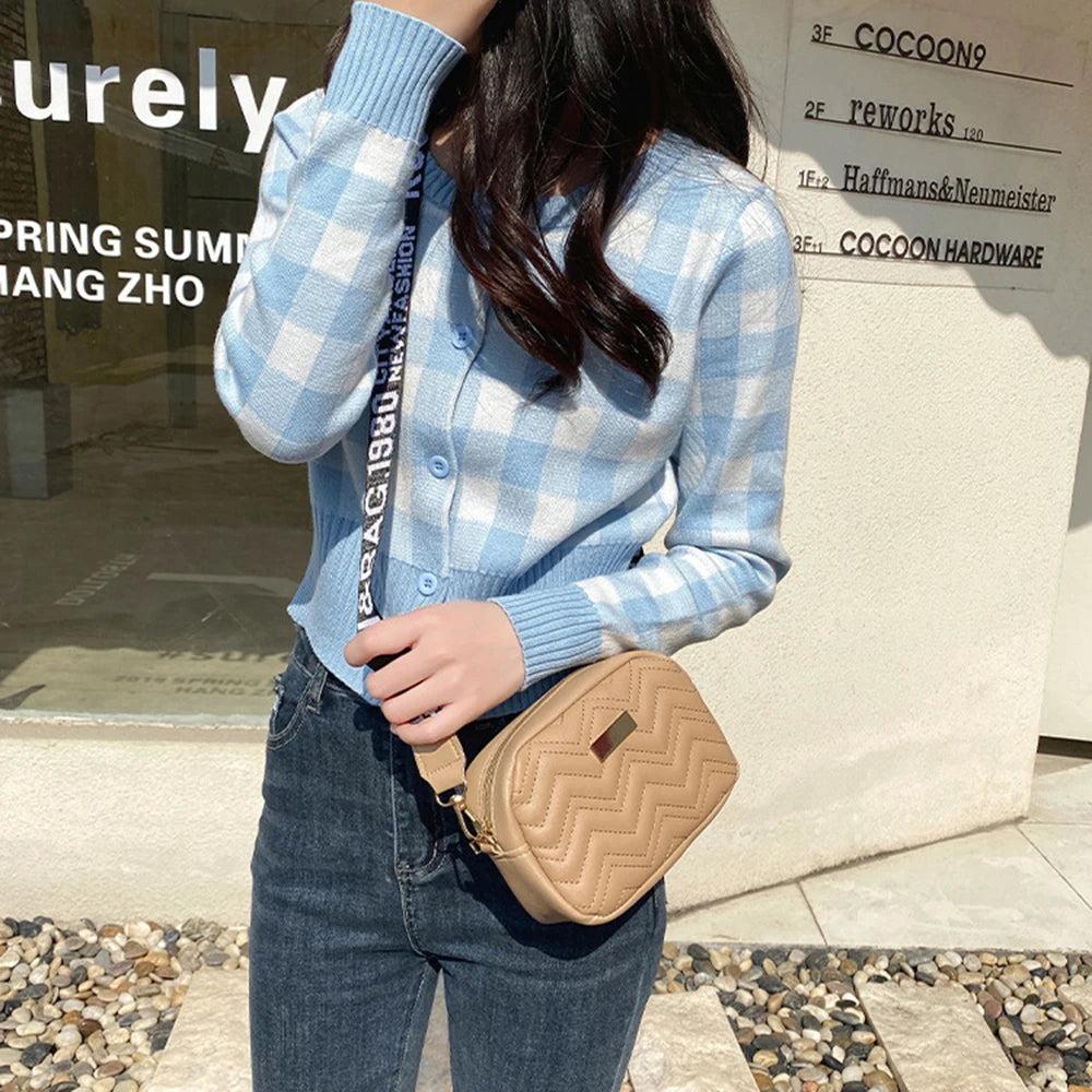 Fashion Wave Pattern Women's Shoulder Bag | Solid Color Crossbody Bag & PU Leather Wide Strap Purse (Female Handbags)