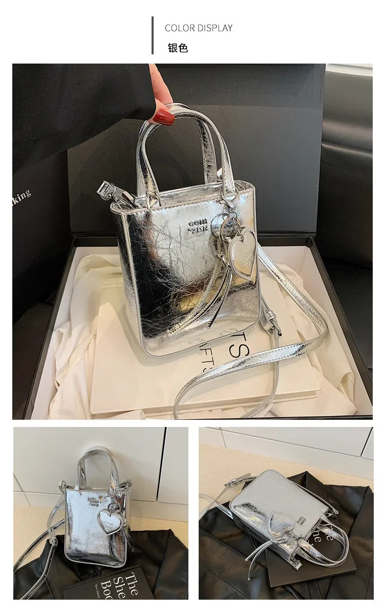 New Trend Korean Silver PU Leather Shoulder Bag | High Quality Mini Vertical Square Crossbody Purse for Women Luxegan