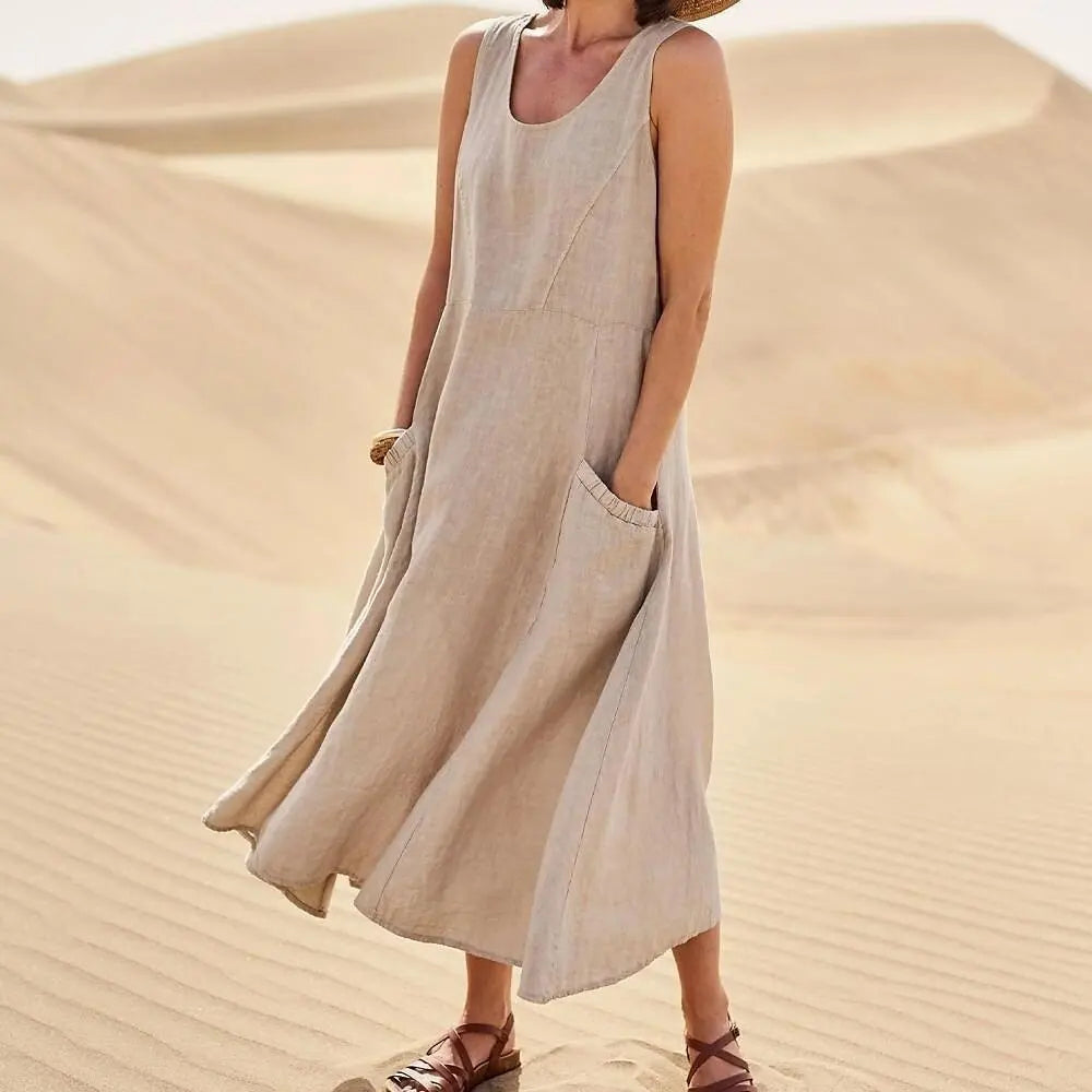 Women's Casual Cotton Linen Sundress | Summer Sleeveless Loose Sand Beachwear Maxi Dress | Elegant Double Big Pocket Oversized Long Dress | Premium High Stretch Regular Fit O-Neck Vestido Model LRFZ-818 Luxegan