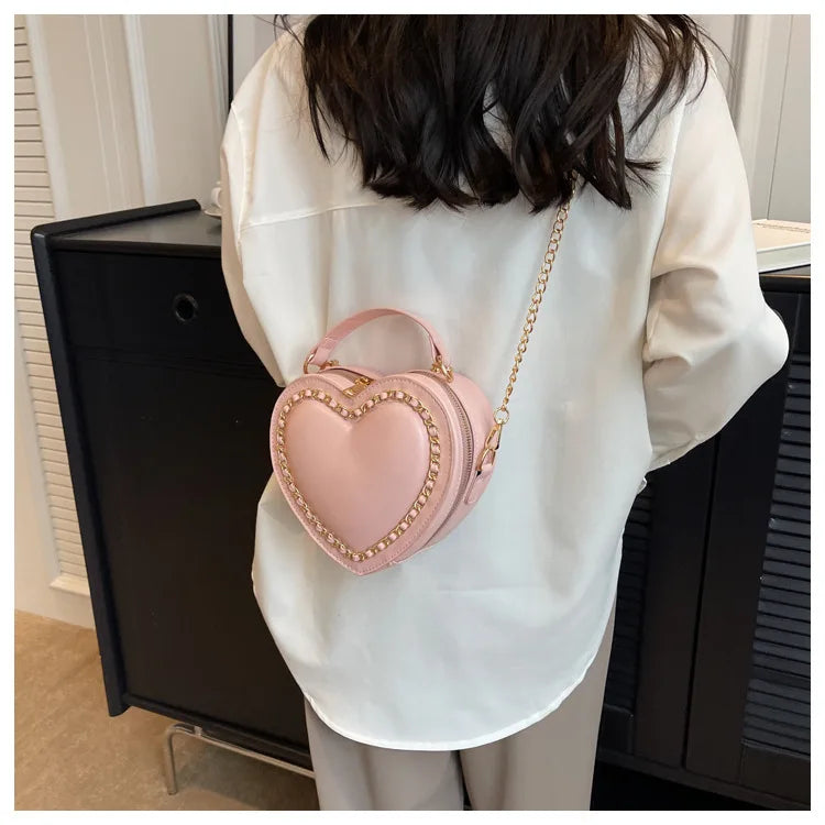 Women’s Red Love Heart-Shaped Shoulder Bag | Fashion Heart Crossbody Bag with Embroidery | Elegant Ladies' Chain Purse & Heart Clutch | Romantic PU Leather Flap Bag Luxegan