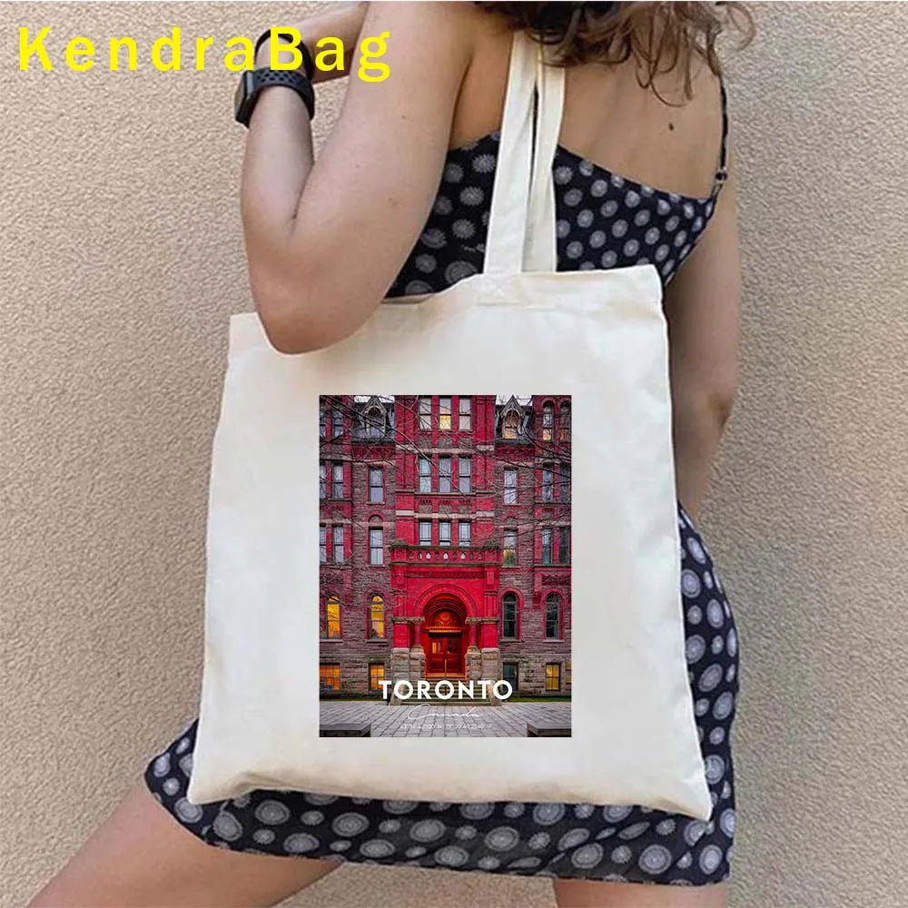 Canadian City Landscape Cotton Canvas Tote Bag | Happy Canada Day Tourist Gift | Reusable Eco-Friendly Shoulder Handbag (Women) Luxegan