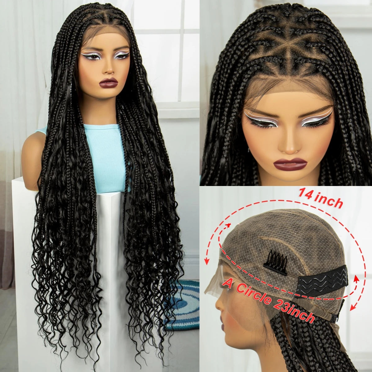 36 Inch Knotless Box Braided Wig with Curly Ends | Full Lace Boho Braided Wig | 5 Colors Luxegan