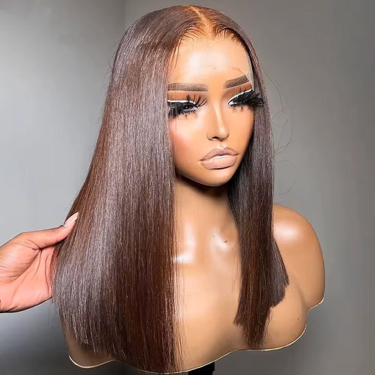 #4 Chocolate Brown Straight Bob Wig | Sophisticated 200% Density HD Transparent Lace Frontal | Elegant "Short Bob" Silhouette | "Dignified" Pre-Plucked Brazilian Remy Human Hair for Radiant Versatile Styling Luxegan