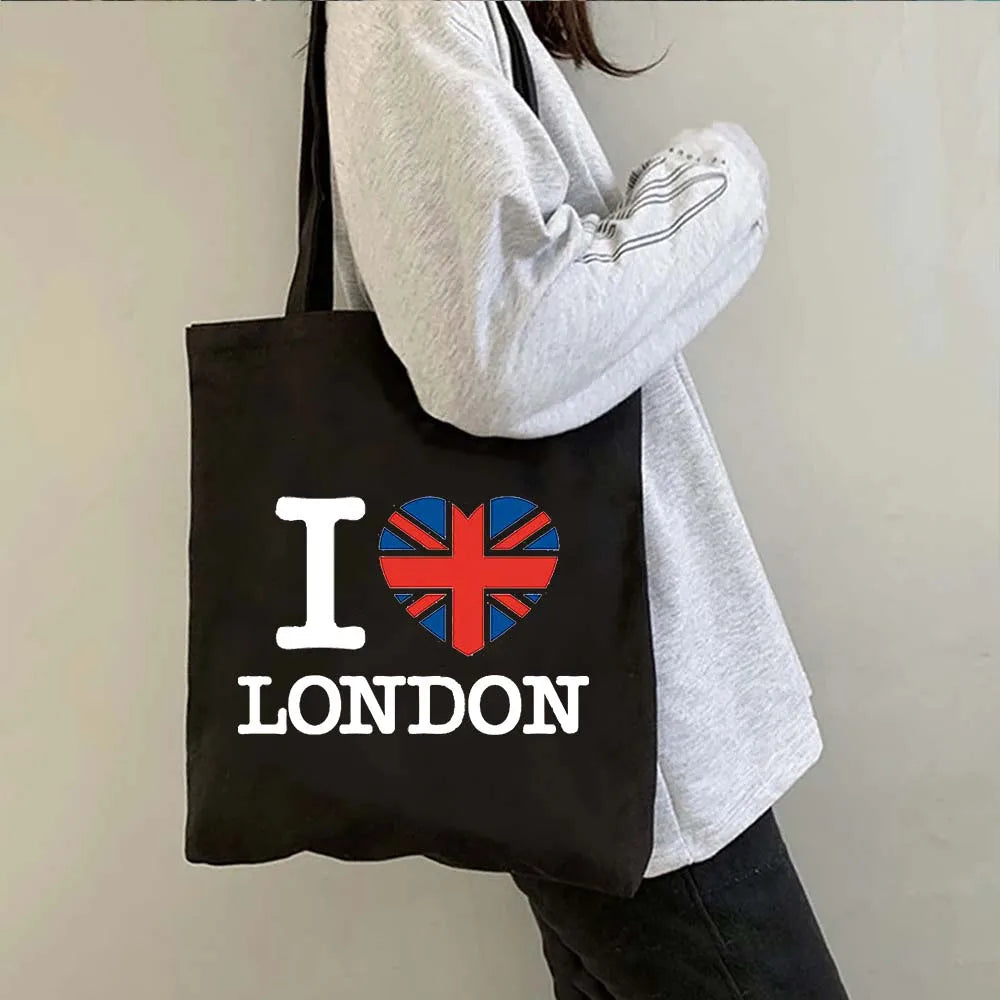 London Big Ben England Map Flag Canvas Tote Bag | UK City Landscape Skyline Shoulder Shopping Handbag (Women's Tourist Gift) Luxegan