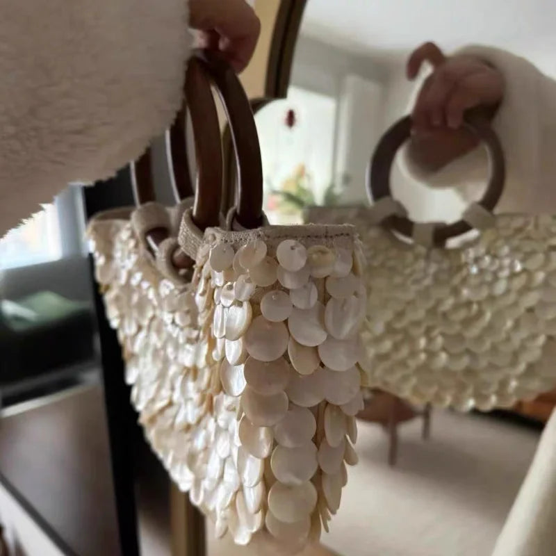 Brand Exquisite Double-sided Shell Handbag | Luxury Handmade Large Capacity Shell Crossbody Clutch Bag (Wooden Handle & Tote) Luxegan