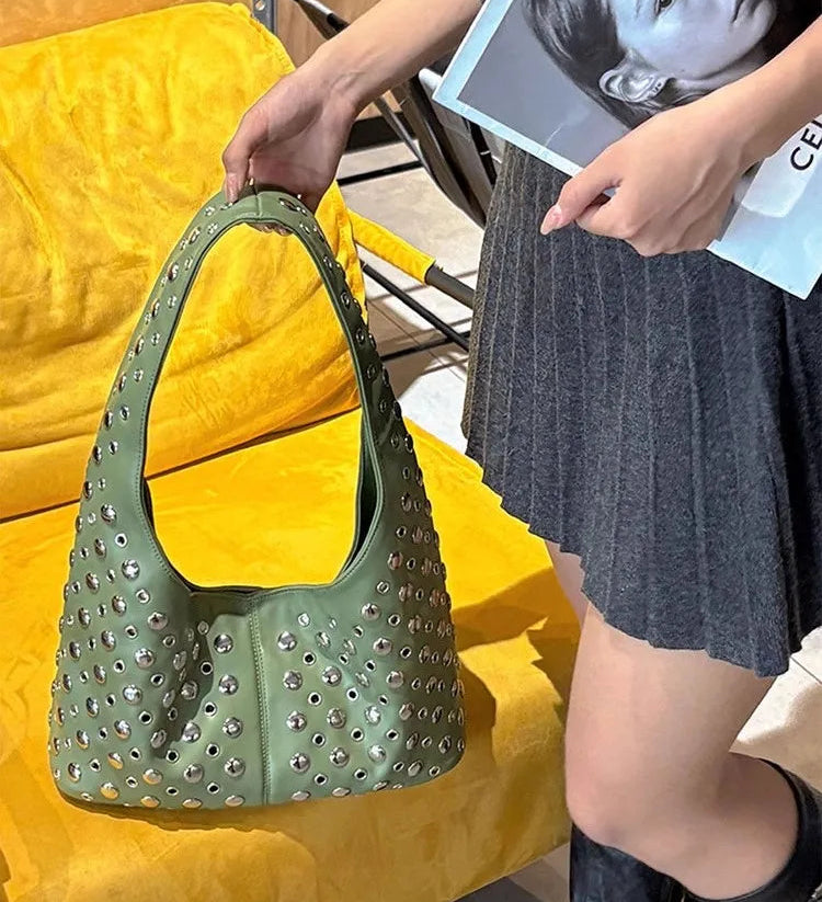 Women's Cool Punk Rivet Satchel Tote Bag | Large Capacity Soft PU Leather Handbag | High-Quality Textured Underarm Shoulder Bag | Spring & Summer Fashion Hobo Purse Model GHJK34 Luxegan