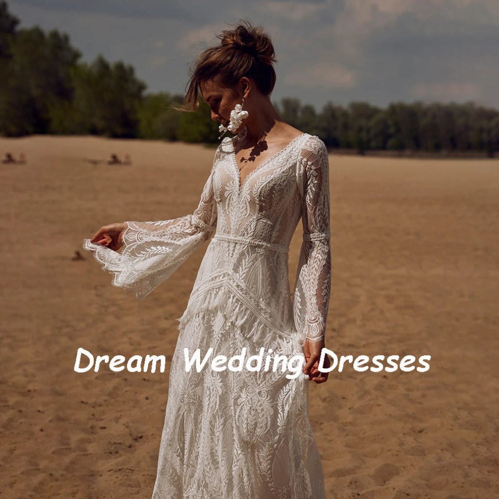 Exquisite Custom V-Neck Flare Sleeve Bridal Gown | Vintage Backless Lace Mermaid Wedding Dress | Bohemian-Inspired Long Bride Dress with Ruffled Tassel Accents & Sweep Train Luxegan