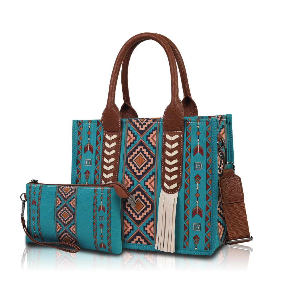 Ethnic Print Hand-Held Crossbody Bag Set | Sophisticated Tassel Decoration Shoulder Bag | Elegant Women’s Commuting Square Handbag | Luxury Polyester Multi-Piece Set with Matching Coin Purse Luxegan