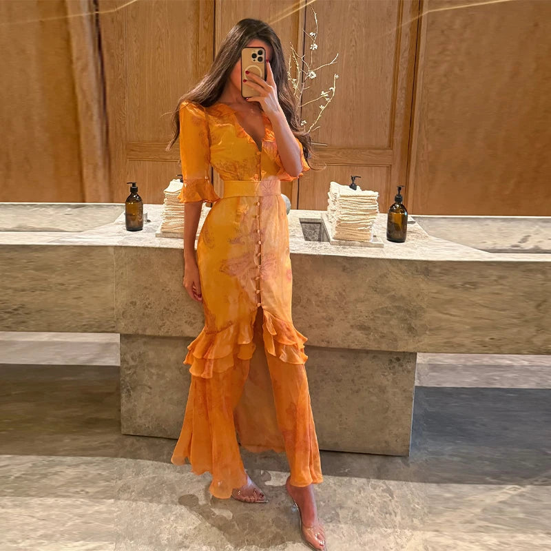 Organza Floral Printed Maxi Dress V-Neck  Puff Sleeve 2026 Spring/Summer Romantic Women Party Gown Fashion Elegant Lady Vestidos