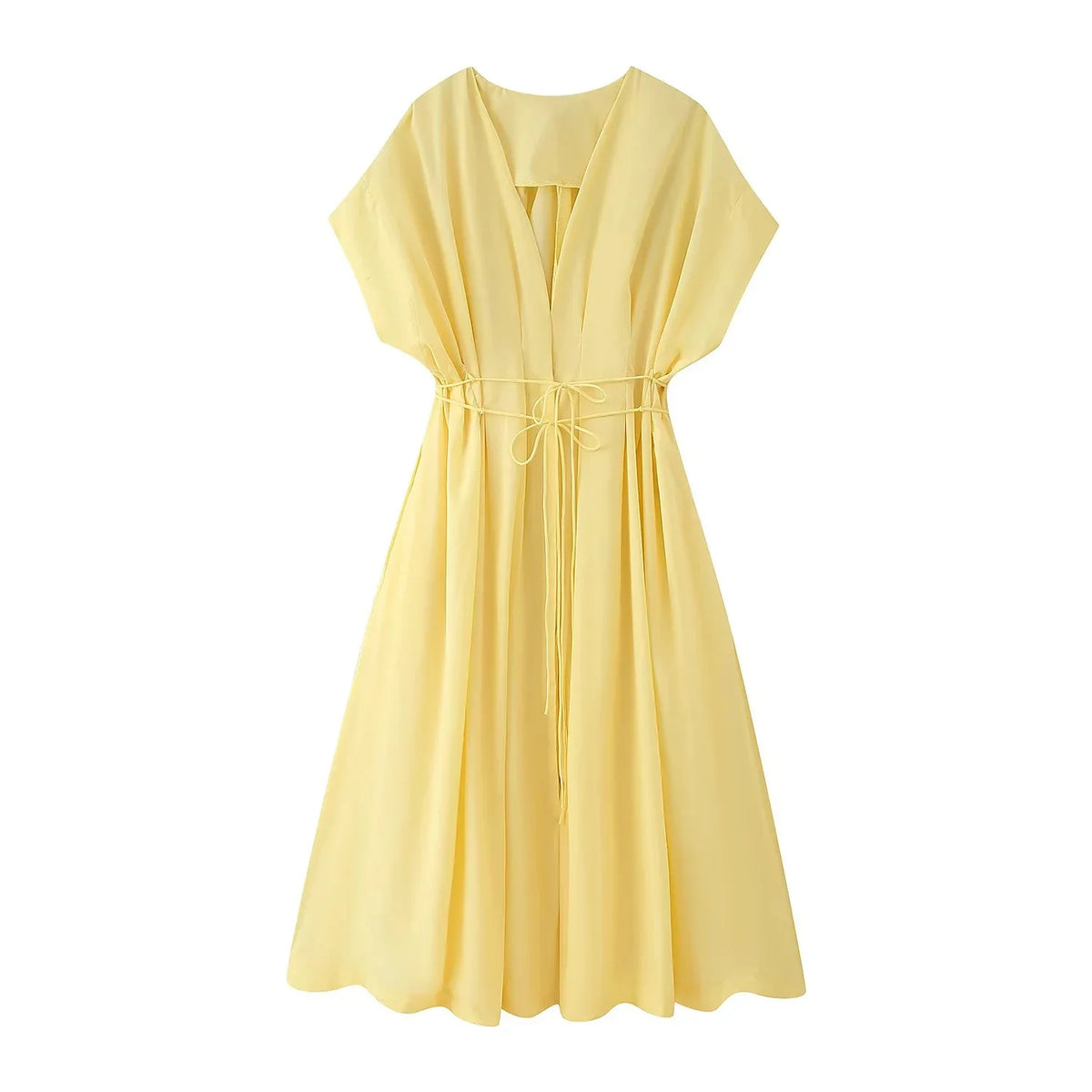 Draped V-Neck Sleeveless A-Line Midi Dress – Loose Fit, Empire Waist, Spring/Summer Luxegan