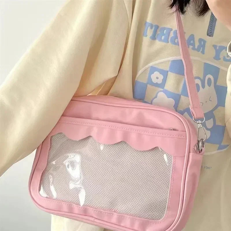 Women's PU Transparent Pocket Ita Bag | High School Girls JK Uniform Crossbody Shoulder Handbag (Fashion Satchel) Luxegan