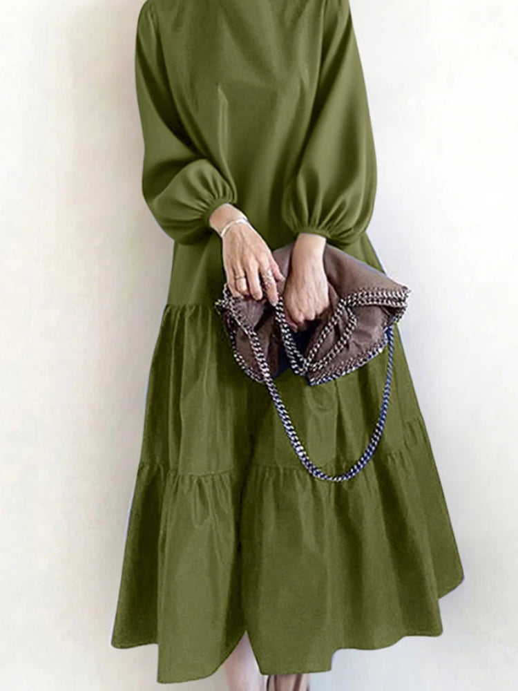 Solid O-Neck Lantern Sleeve Regular Fit A-Line Midi Dress – Natural Waist, Jersey, Autumn Luxegan