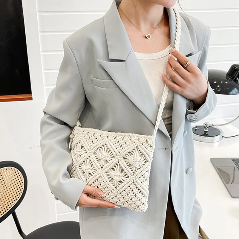 Summer Hollow-Knit Straw Bag | Sophisticated Tassel-Decorated Shoulder Messenger | Elegant Beach Travel Crossbody | "Dignified" Soft Cotton-Rope Pouch for Versatile Vacation Styling Luxegan