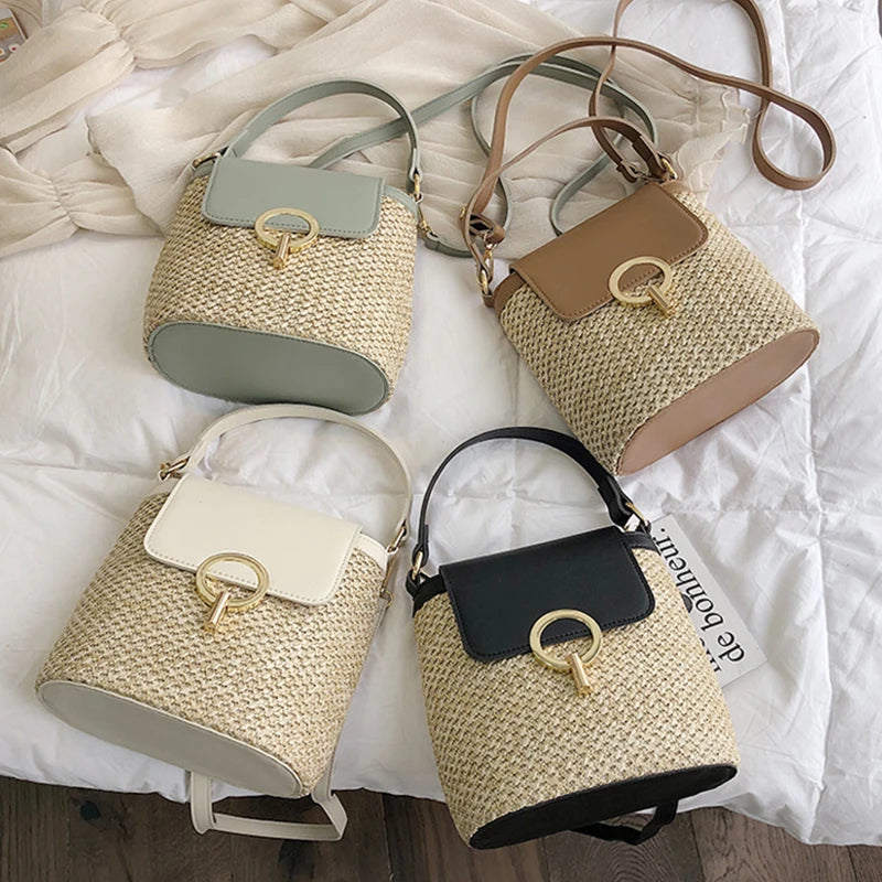 Summer Straw Bucket Bag for Women | Sophisticated Rattan Lady Travel Purse | Elegant Handmade Knitting Pattern Shoulder Bag | Fashion-Forward Straw Messenger with "Dignified" Chain Accent Luxegan