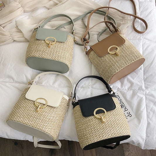 Summer Straw Bucket Bag for Women | Sophisticated Rattan Lady Travel Purse | Elegant Handmade Knitting Pattern Shoulder Bag | Fashion-Forward Straw Messenger with "Dignified" Chain Accent Luxegan