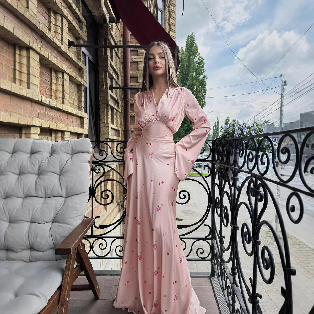 Solid Turn-Down Collar Full-Length Sleeve Slim Fit A-Line Mid-Calf Dress – Natural Waist, High Stretch, All Season Luxegan