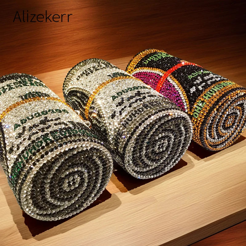 Shaped Crystal Luxury Evening Bag | Sophisticated Gorgeous Novelty Diamond Clutch | Elegant Barrel-Shaped Metallic Purse | "Dignified" Hard Shell Statement Accessory for Formal Party Styling Luxegan