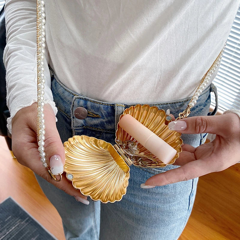 Hard XS Metallic Shell Bag | Fashion Pearl Chain Crossbody Mini Purse Luxegan