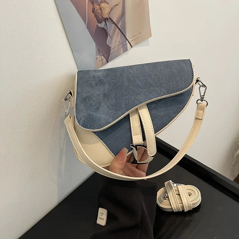 Denim-Look Contrast Saddle Bag | Fashionable Box Messenger Purse Luxegan