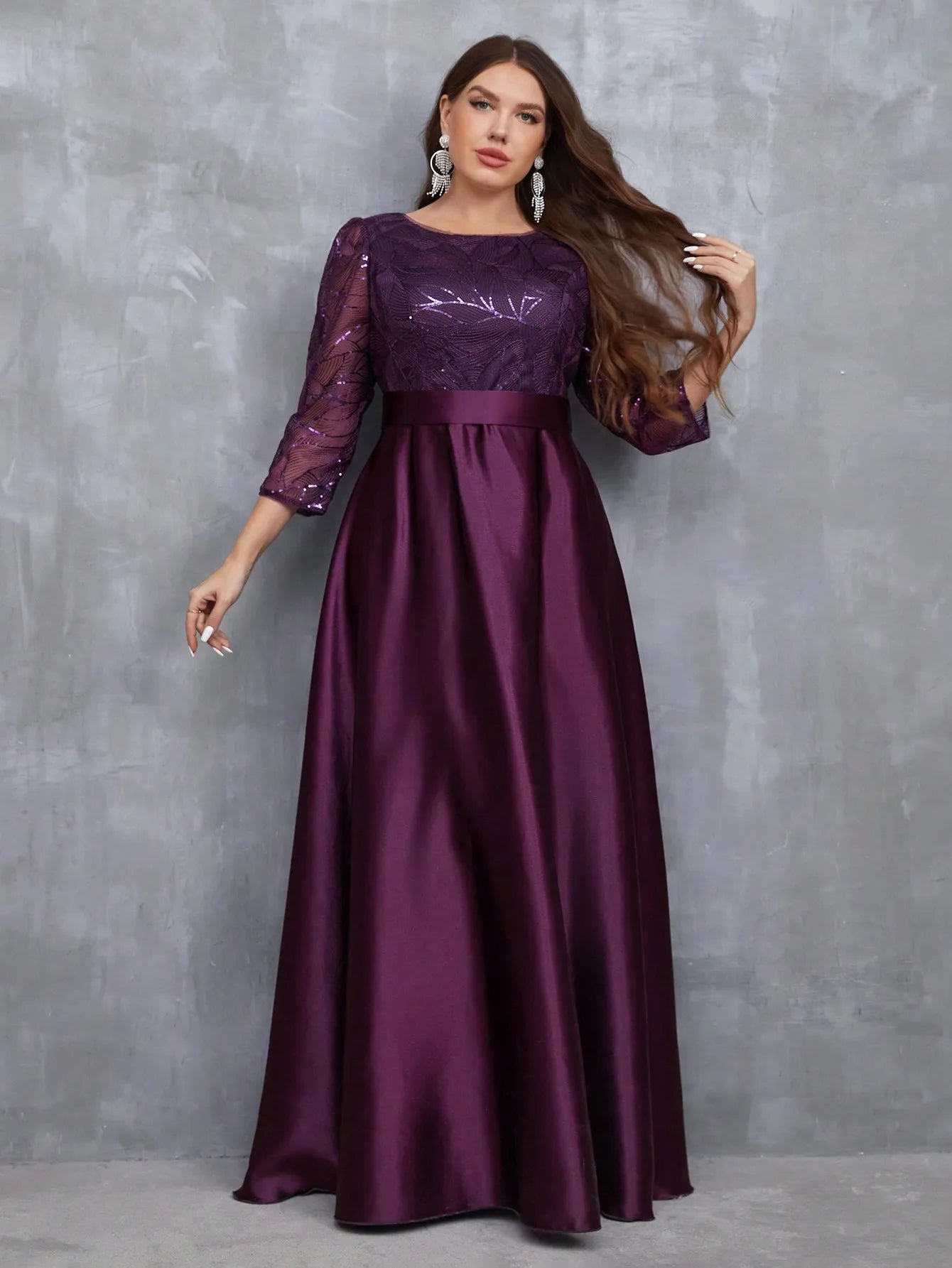 Elegant Crew Neck Sequin Patchwork Satin Ball Gown | Long Sleeve Fit & Flare Party Dress | Premium Solid Color Ankle-Length Bridesmaid Dress | Regular Fit O-Neck Tatting Evening Dress Luxegan