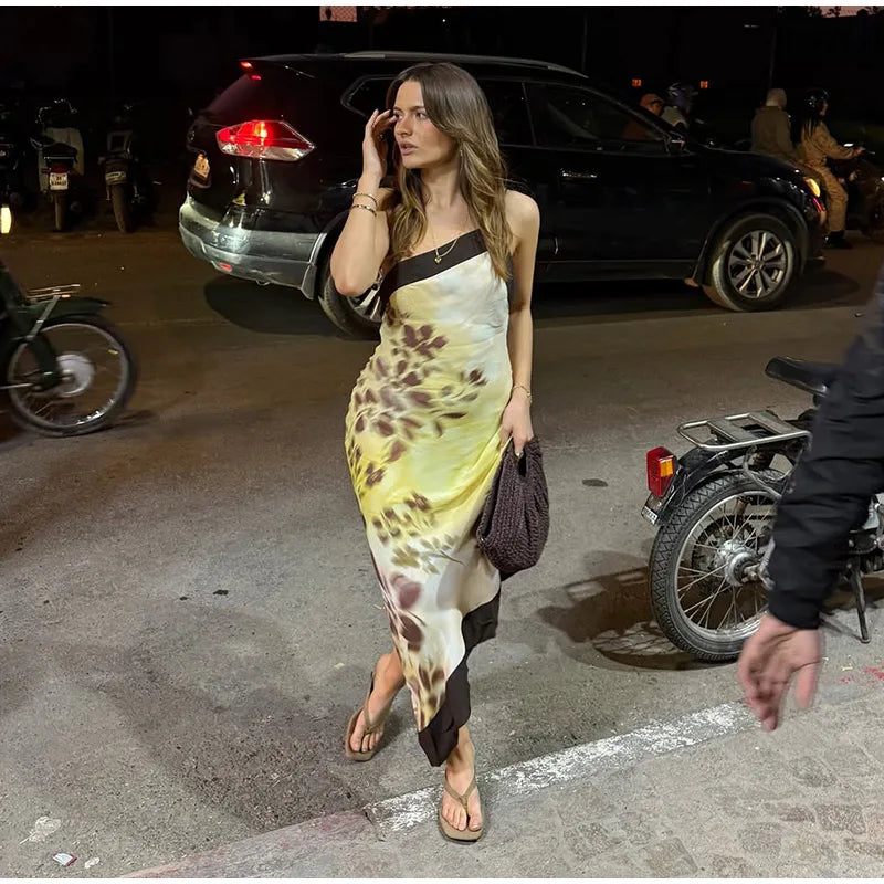 Tie-Dye Halter Neck Midi Dress | Open Back Asymmetric Hem Fit & Flare Party Dress Luxegan