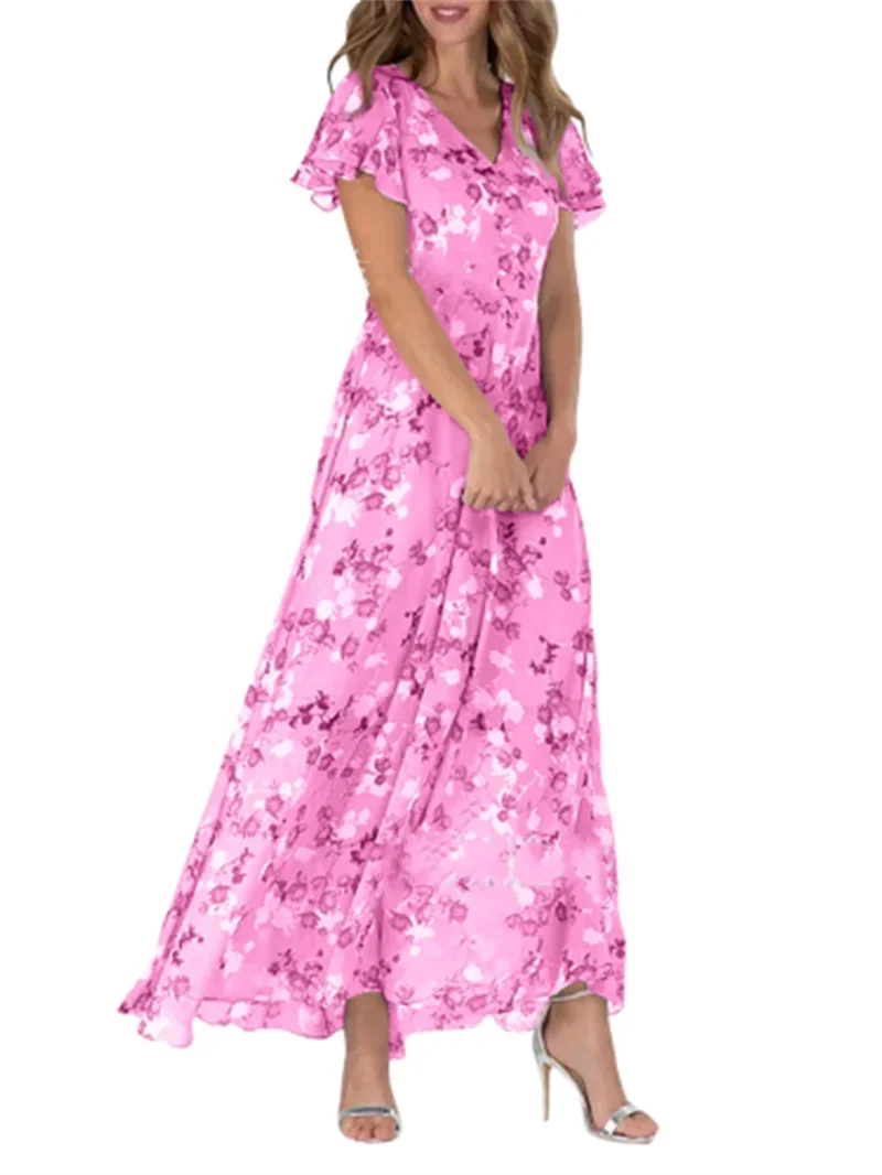 Women's Elegant Small Flower Print Dress | Sweet Style Ruffle V-Neck Pullover Gown | Summer Office Lady High Waist Dress | Premium Knit Regular Fit A-Line Floor-Length Vestido Model H8806A Luxegan