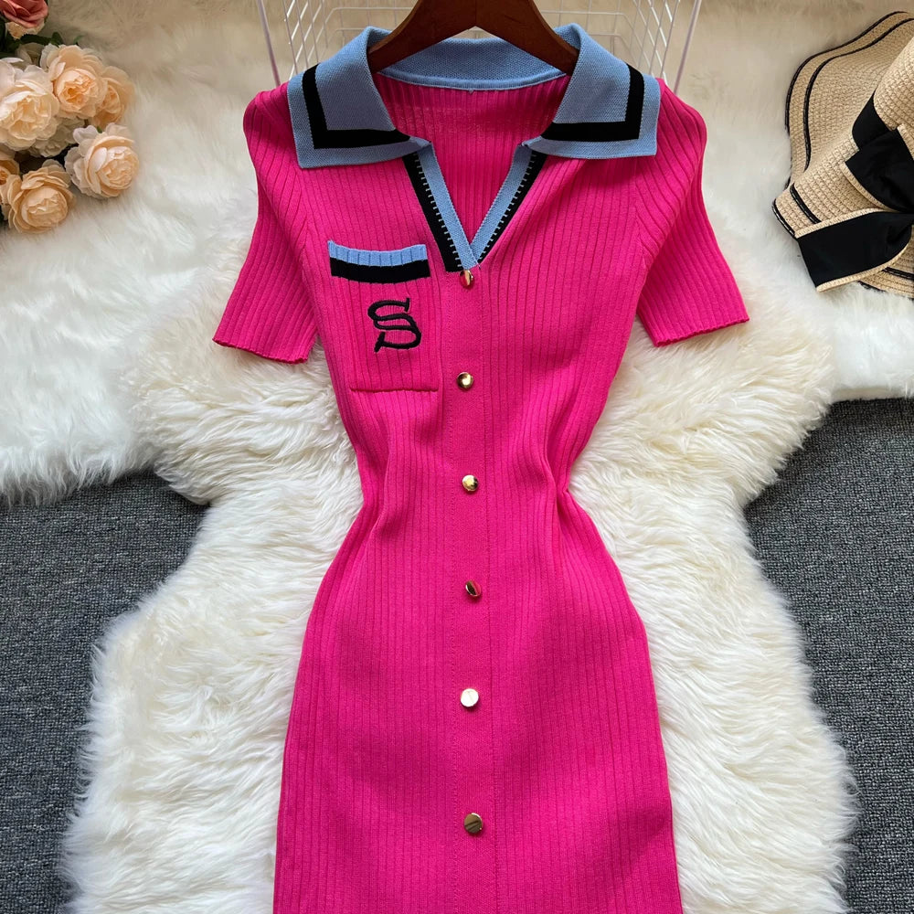 Brand Fashion Summer Knitted Bodycon Dress | Y2K Embroidered Long Sweater Dress | Short-Sleeve Turn-Down Collar Slim Streetwear Midi Luxegan