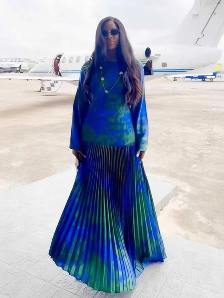 Gradient Tie-Dye Satin Maxi Dress | Flare Sleeve Pleated A-Line Boho Evening Gown Luxegan