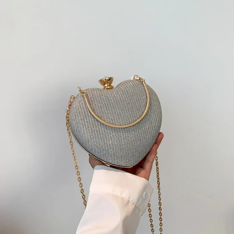 Shiny Heart Shape Metal Evening Clutch Bag for Women | Fashion Chain Shoulder Crossbody Bag (Luxury Lady Purse) Luxegan