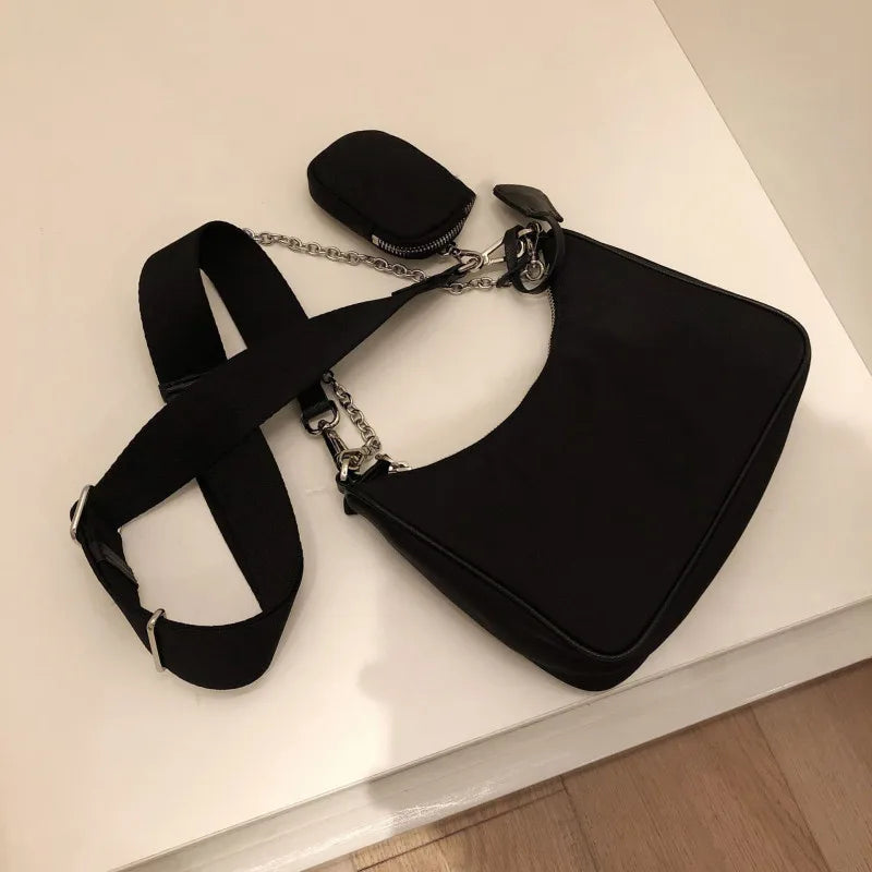 Casual Nylon Waterproof Shoulder Hobo Bag | Fashion Cool Black Chain Handbag Luxegan