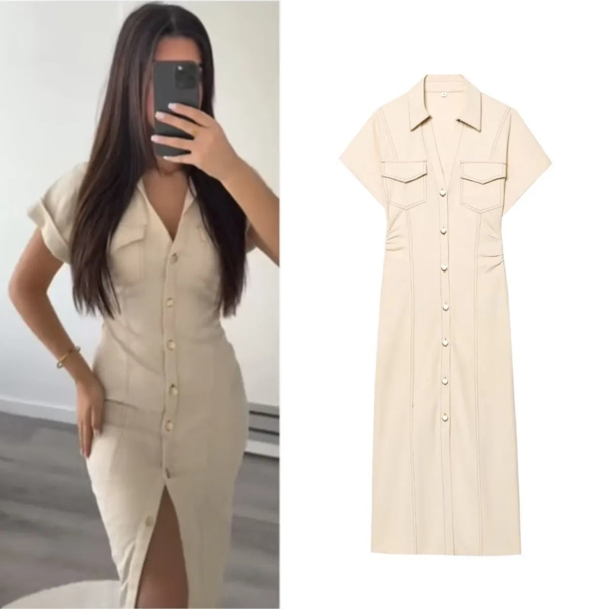 Liquid-Denim Pleated Midi Gown | Kinetic Single-Breasted Utilitarian Summer Dress | High-Street Turn-Down V-Neck Half-Sleeve Masterpiece | Ankle-Length H-Profile Straight Luxegan