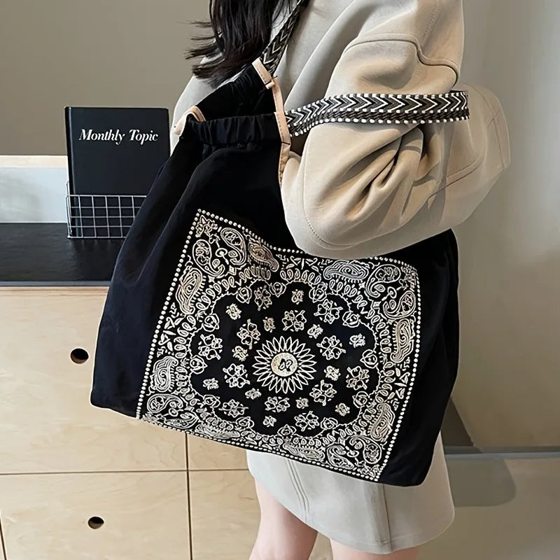 Niche Embroidered Canvas Shopping Bag | Fashionable Hand-held Shoulder Tote Luxegan