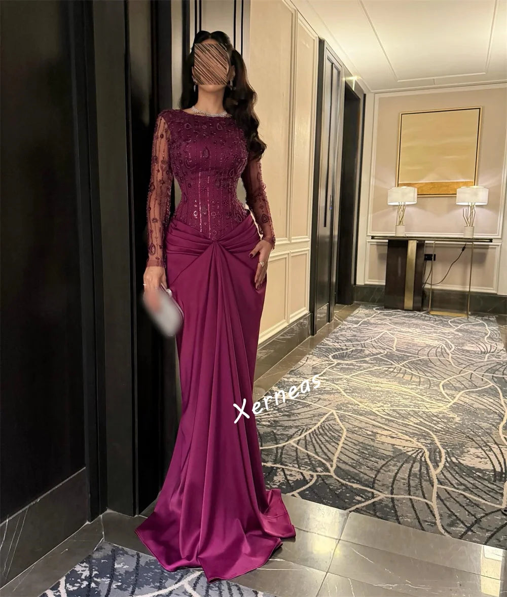 Luxury Formal Glitter Evening Dress | Full-Sleeve Satin Mermaid Gown | Elegant O-Neck Pleated Floor-Length Bespoke Occasion Dress Luxegan