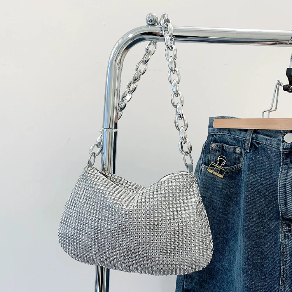 Bling Rhinestone Evening Clutch Bag | Women's Korean Designer Diamond Chain Dinner Party Handbag (Lady Square Tote Shoulder Bag) Luxegan