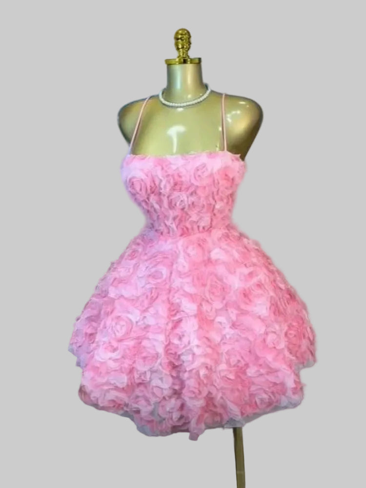 Rose Floral Lace-Up Back Mini Dress | Spaghetti Strap Slash Neck A-Line Party Dress Luxegan