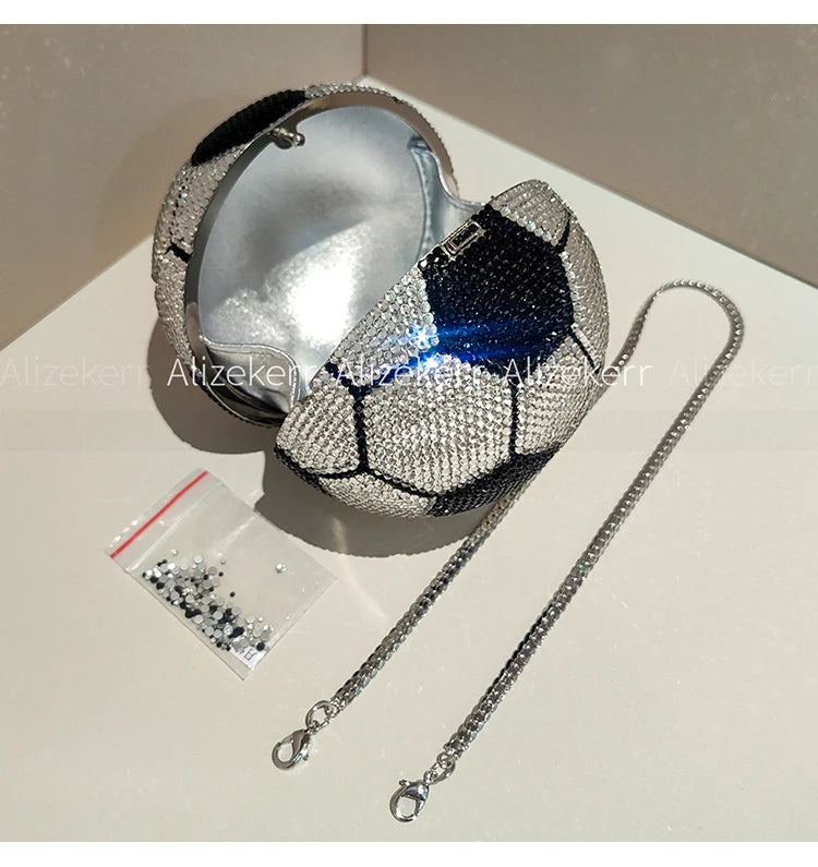 Football Shaped Crystal Evening Bag | Luxury Rhinestone & Metallic Sports-Chic Purse | Unique Boutique Diamond Wedding Party Clutch (Model AK-251119) Luxegan