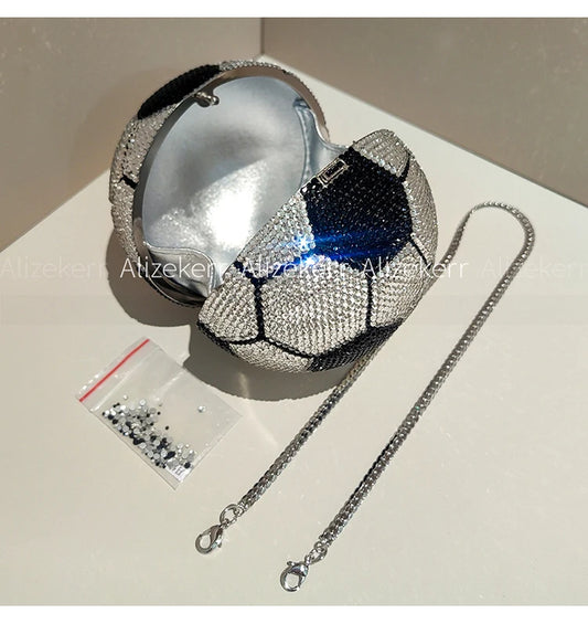 Football Shaped Crystal Evening Bag | Luxury Rhinestone & Metallic Sports-Chic Purse | Unique Boutique Diamond Wedding Party Clutch (Model AK-251119) Luxegan