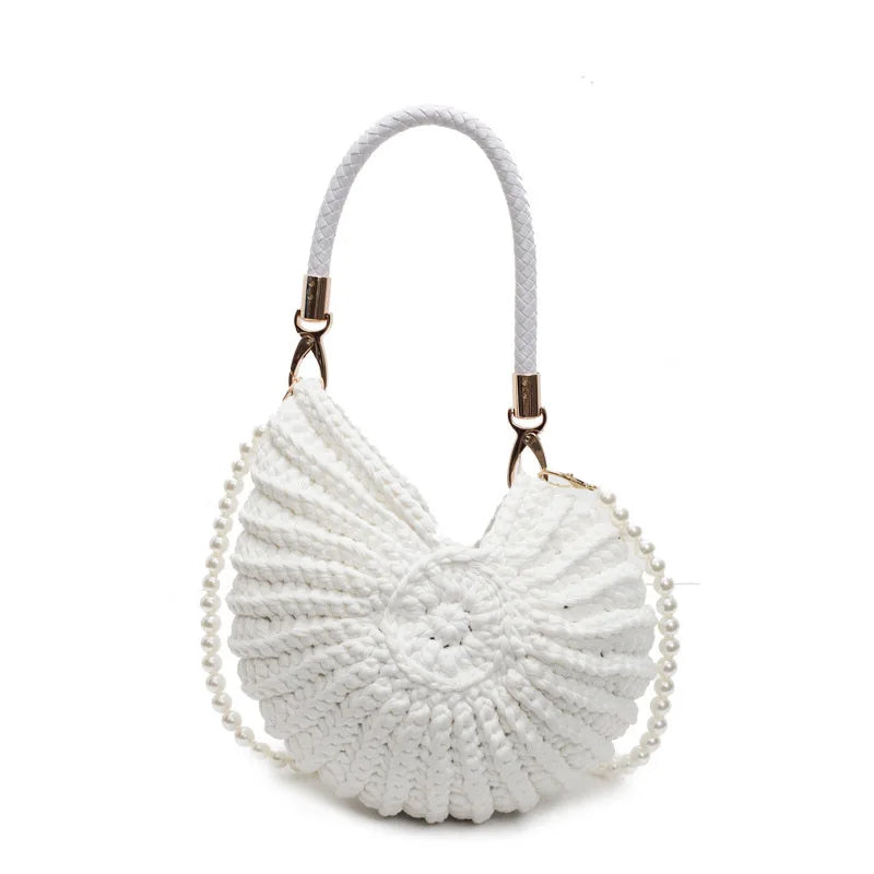 Polyester Hand-Woven Conch Shell Bag | Cute Pearls Chain Novelty Crossbody Bag Luxegan