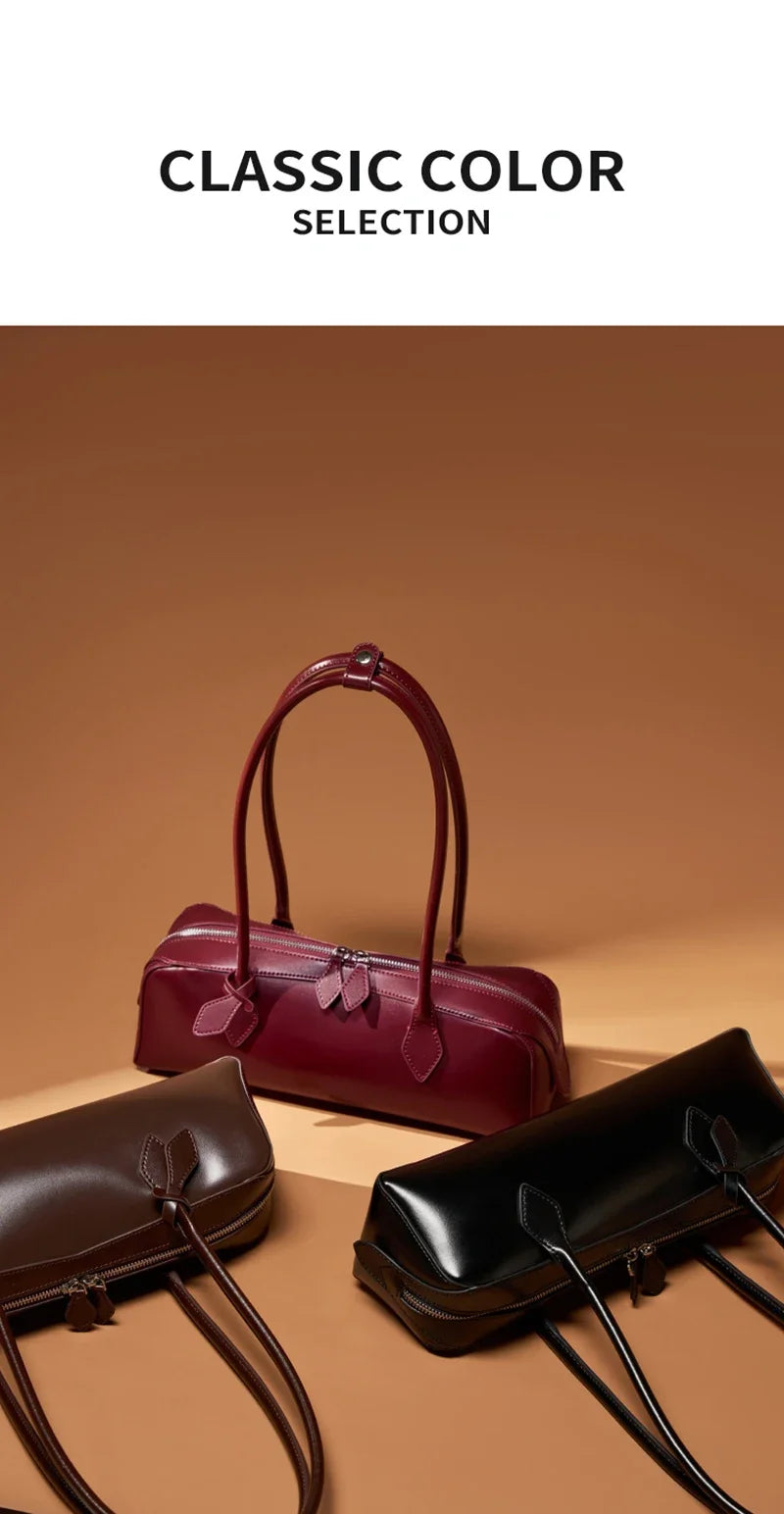 New Genuine Leather Women's Shoulder Bag | Large Capacity Cowhide Luxury Handbag (Long Strip Wine Red Baguette Bag) Luxegan
