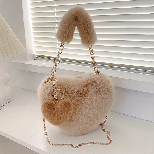 Fluffy Faux Fur Heart-Shaped Clutch | Ladies Chain Shoulder Purse Luxegan